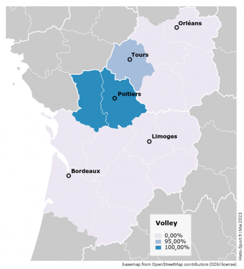 Carte représentant le pourcentage des clubs de volleyball référencés sur Histo-Sport en mai 2023.