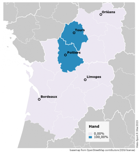 Carte représentant le pourcentage des clubs de handball référencés sur Histo-Sport en mai 2023.