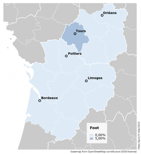 Carte représentant le pourcentage des clubs de football référencés sur Histo-Sport en mai 2023.
